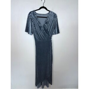 Blue Ribbed Velour Maxi Wrap Dress Tie Waist Wedding Guest V-neck Size 1XL